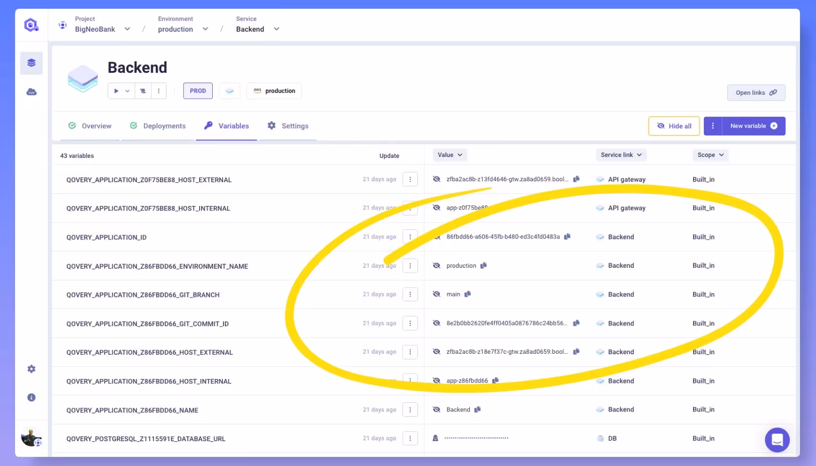Built-in Environment Variables from the Qovery interface