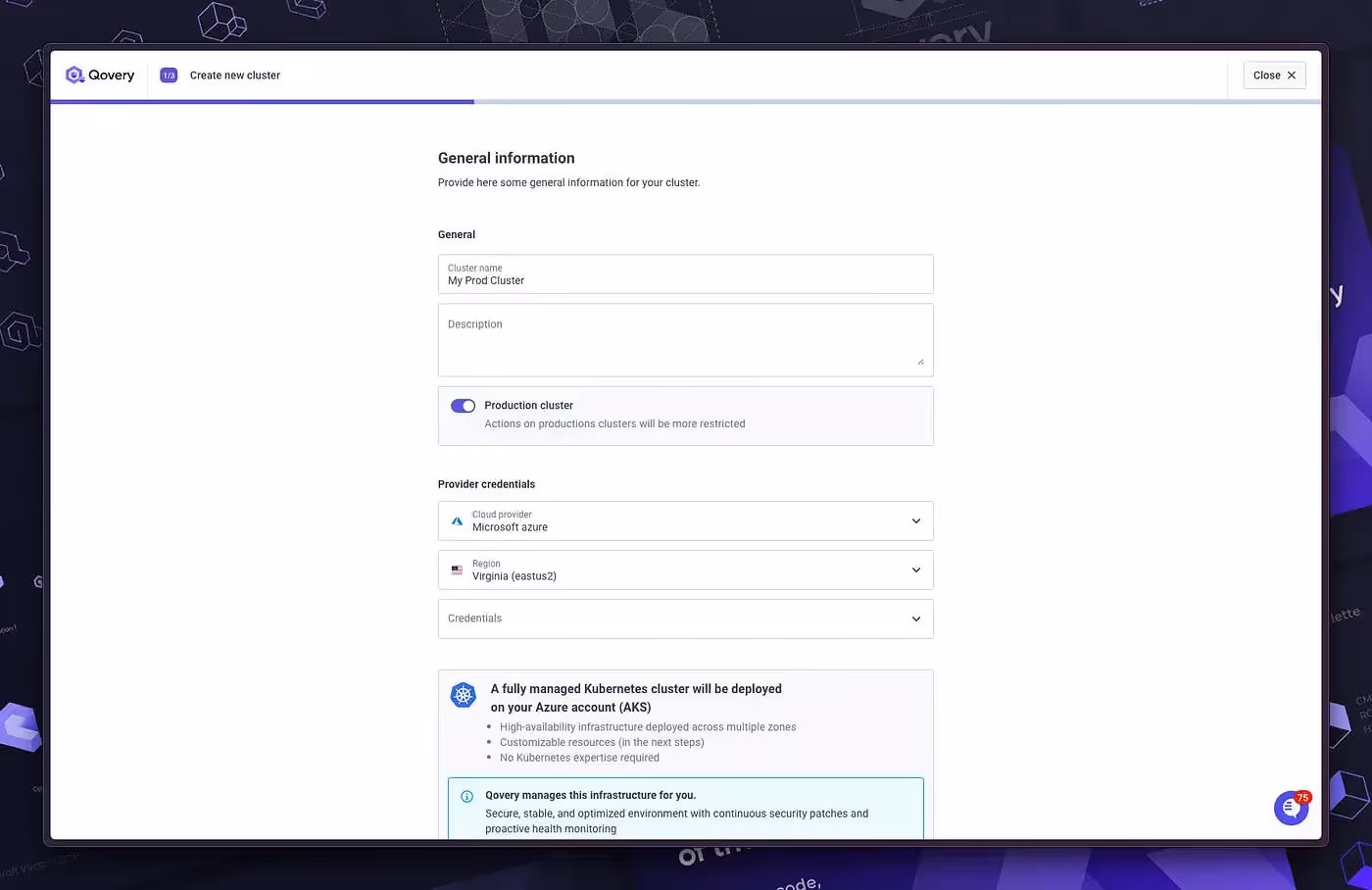 Give a name to your cluster and select the region on Qovery