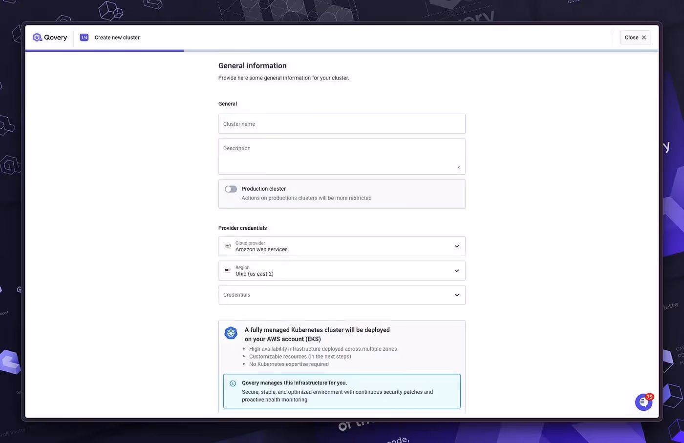 AWS Region + Credentials page on Qovery
