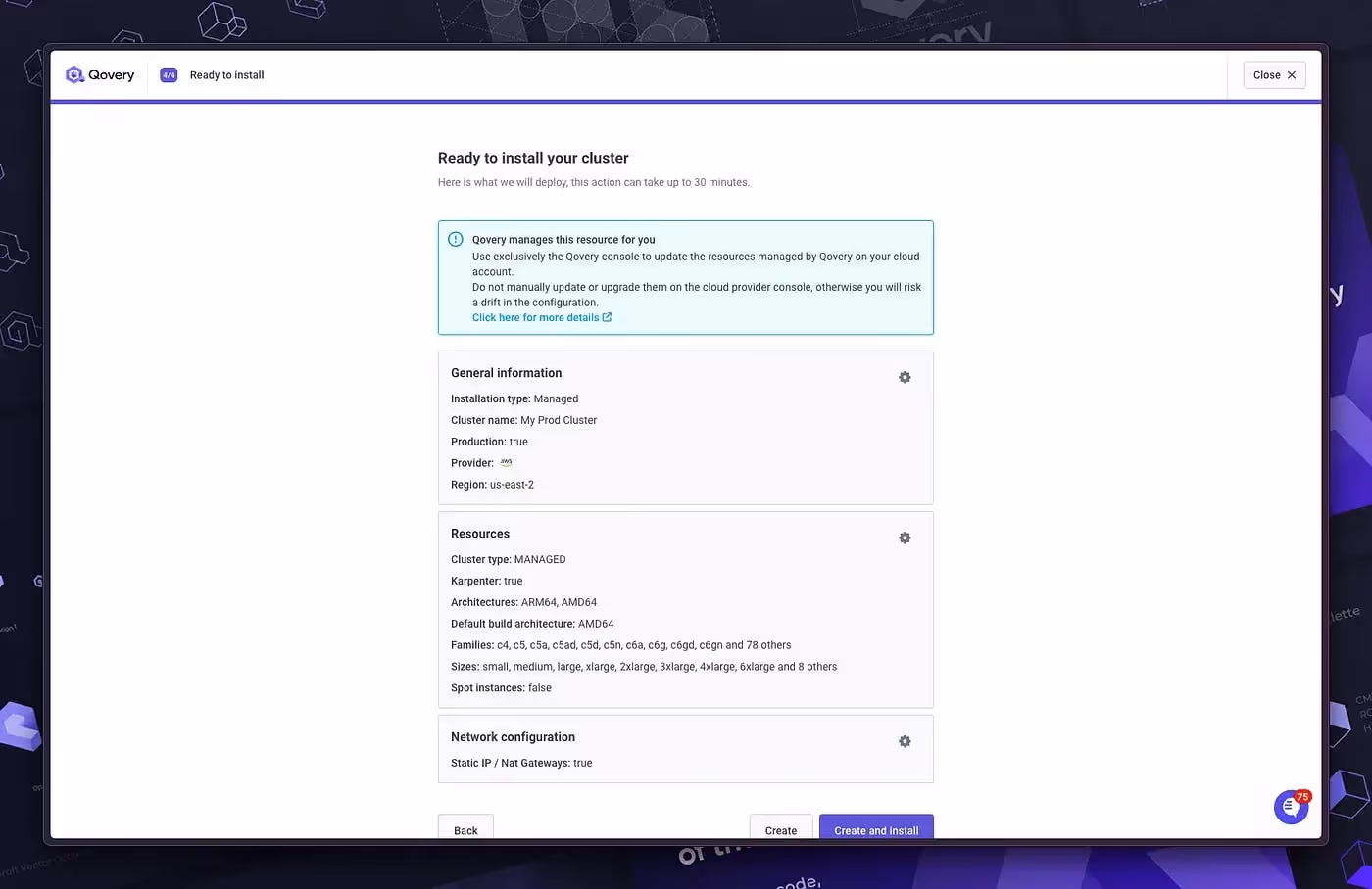 Summary page before EKS deployment on Qovery