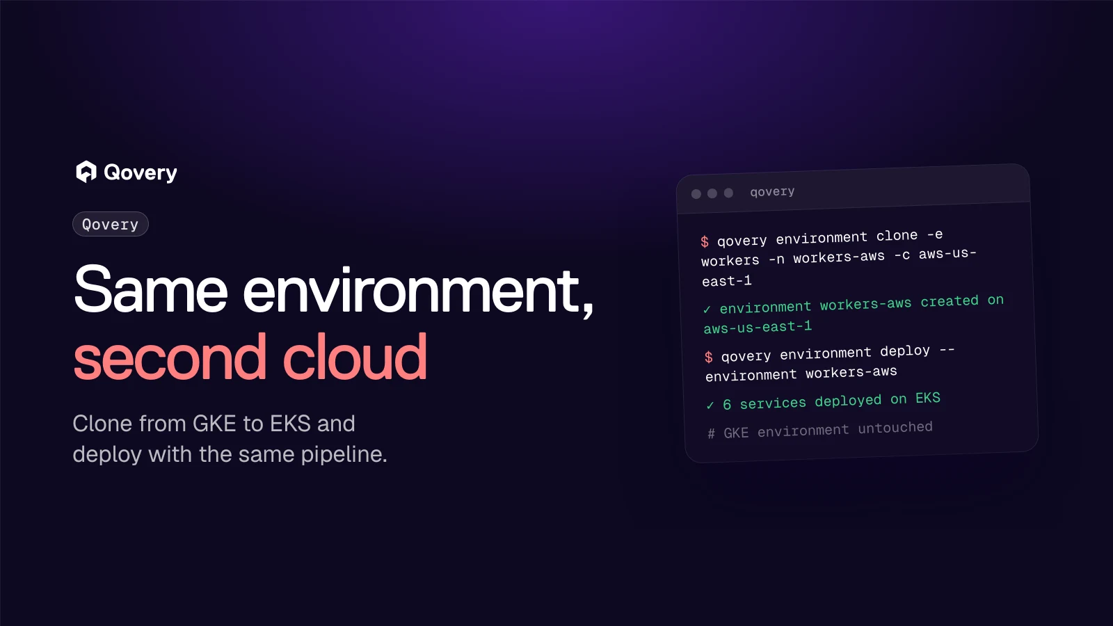 Cloning a Qovery environment from a GKE cluster to an EKS cluster in AWS with the Qovery CLI, then deploying it