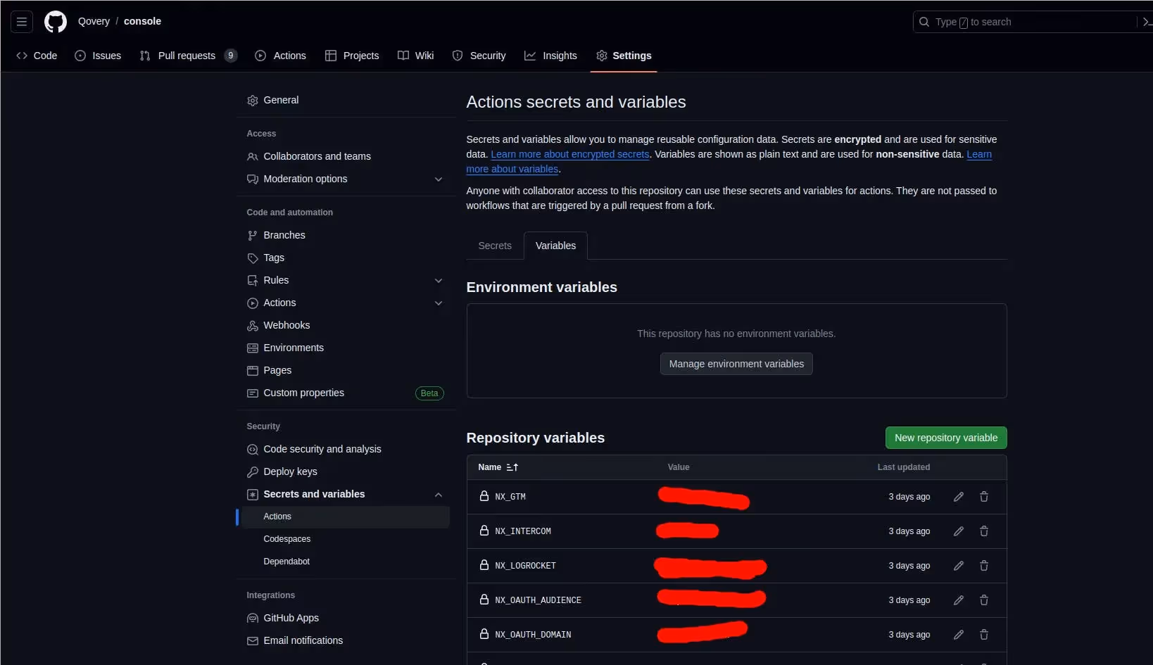 Secrets and Variables screen from GitHub