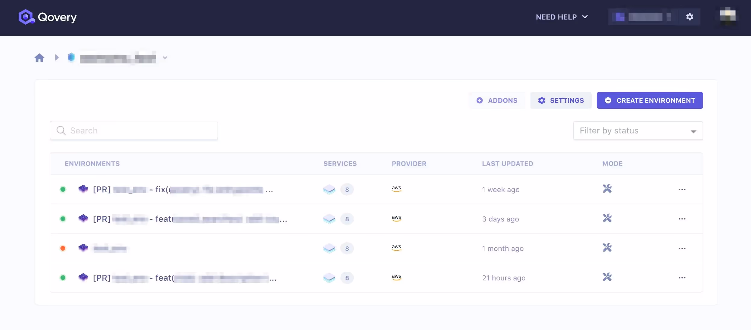 List of Preview Environments - Qovery web interface