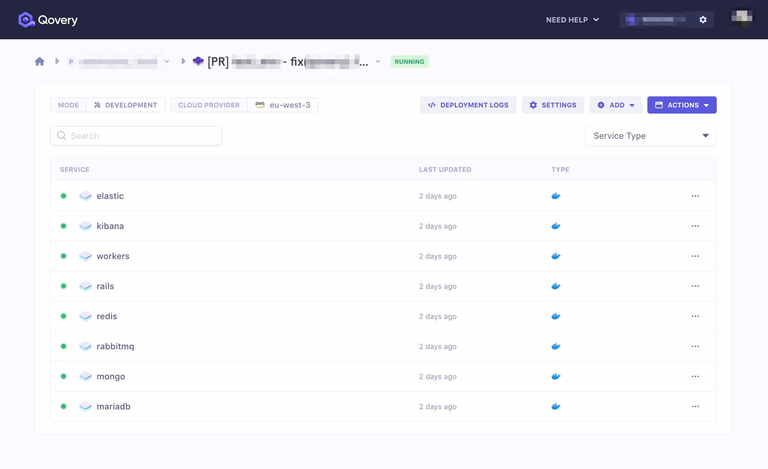 One preview environment with all the services running - Qovery web interface