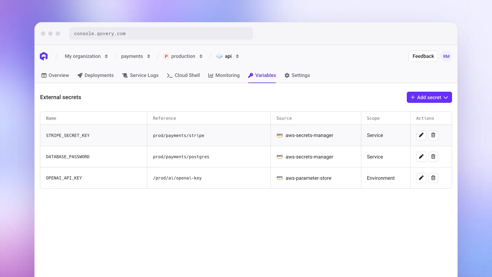 The External secrets section of a service in the Qovery Console: STRIPE_SECRET_KEY, DATABASE_PASSWORD and OPENAI_API_KEY bound to references in AWS Secrets Manager and AWS Parameter Store, with their scope