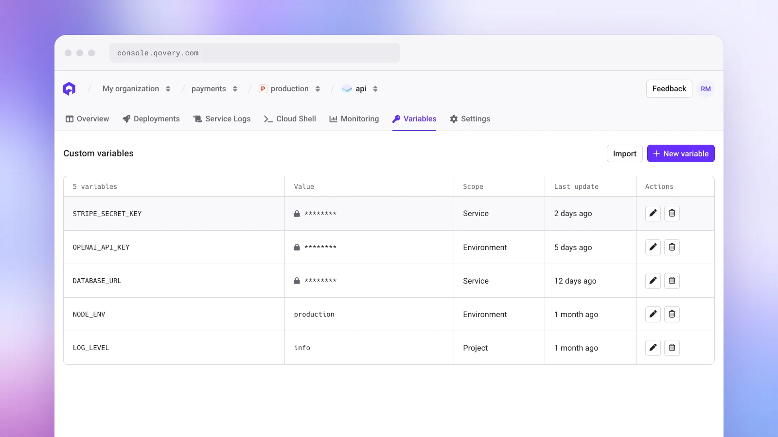 The Variables tab of a service in the Qovery Console: STRIPE_SECRET_KEY, OPENAI_API_KEY and DATABASE_URL are secrets shown masked with a lock, next to plain variables NODE_ENV and LOG_LEVEL, each with its scope