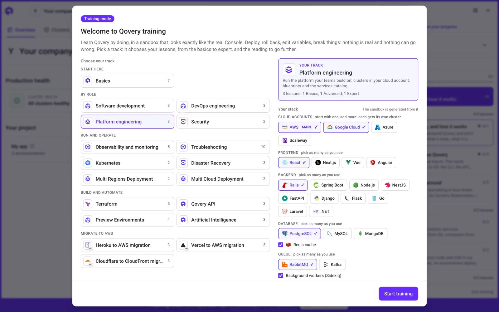 The welcome screen: pick a track on the left, describe your stack on the right (here AWS and Google Cloud, Rails and PostgreSQL), and the sandbox is generated from it.