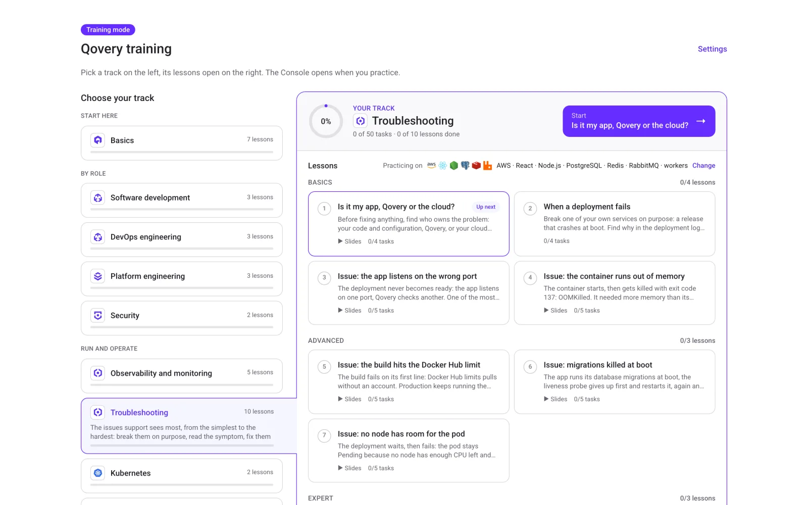 The training dashboard: tracks on the left, the lessons of the selected track on the right, grouped by level.