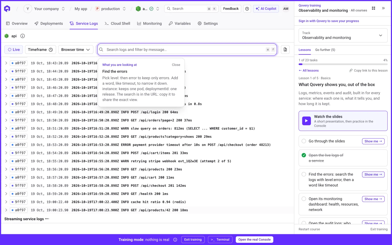 A lesson from the Observability track: the "Show me" guide points at the log search and explains how to filter errors, while the lesson panel on the right tracks the tasks.