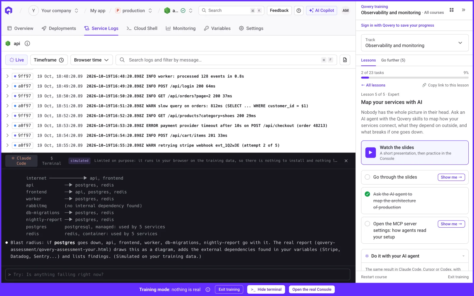 The simulated AI agent maps the services of the sandbox and their dependencies, as part of the "Map your services with AI" lesson.