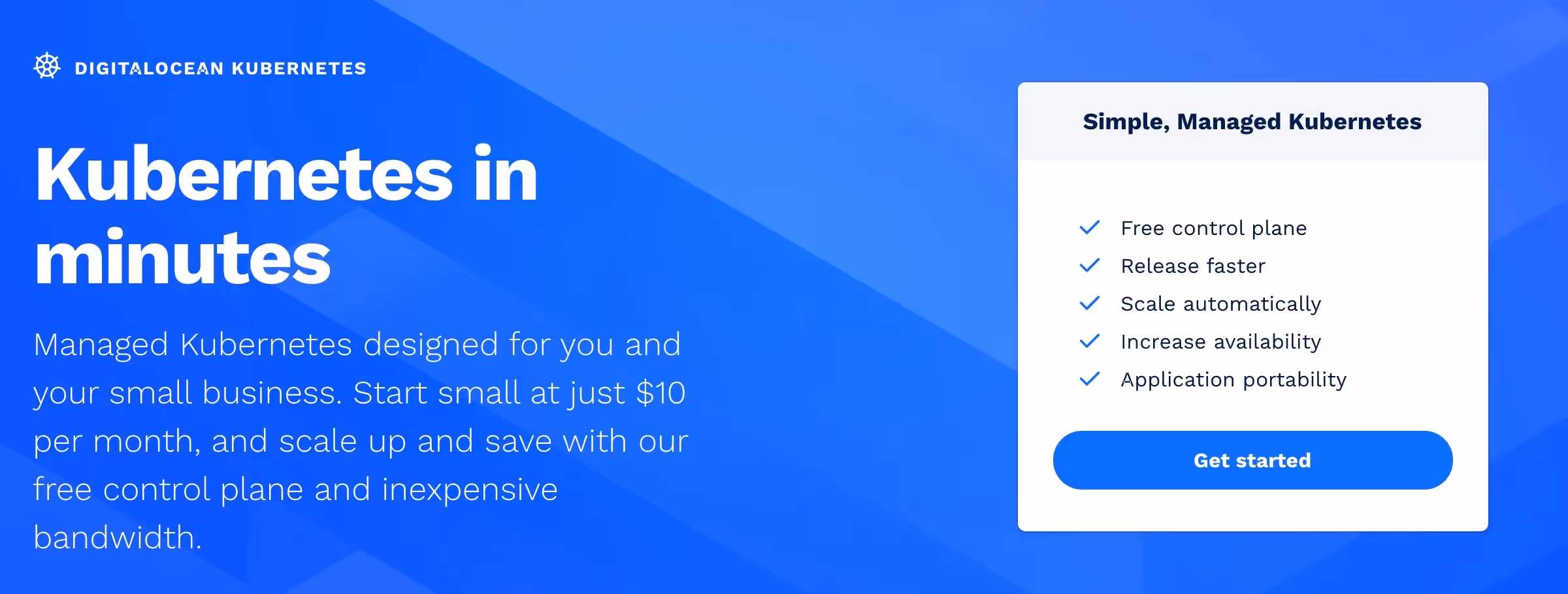 "Kubernetes in Minutes" landing page from Digital Ocean