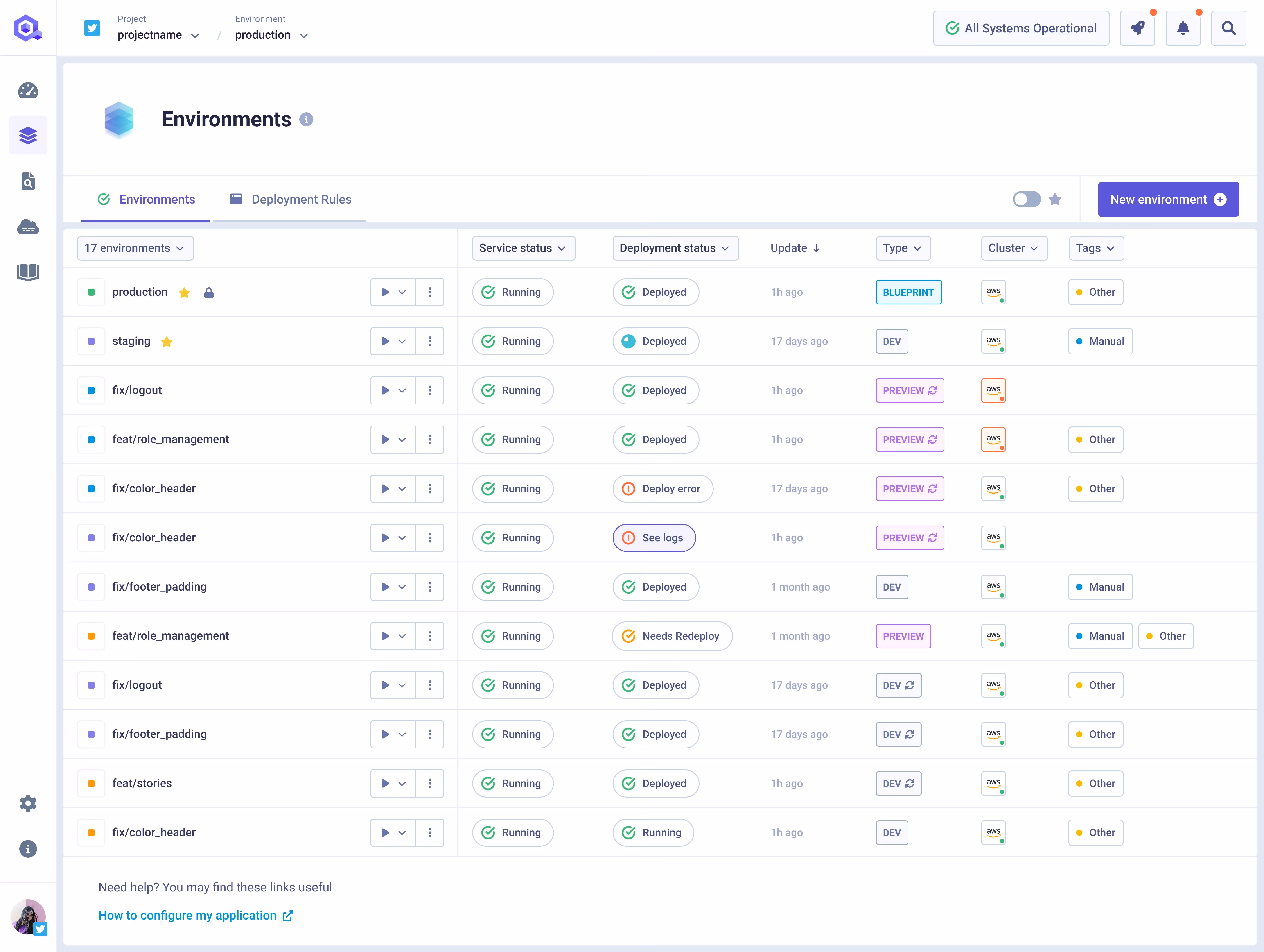 The platform features a self-service model that lets teams create environments, update applications, and deploy to production without needing infrastructure expertise.