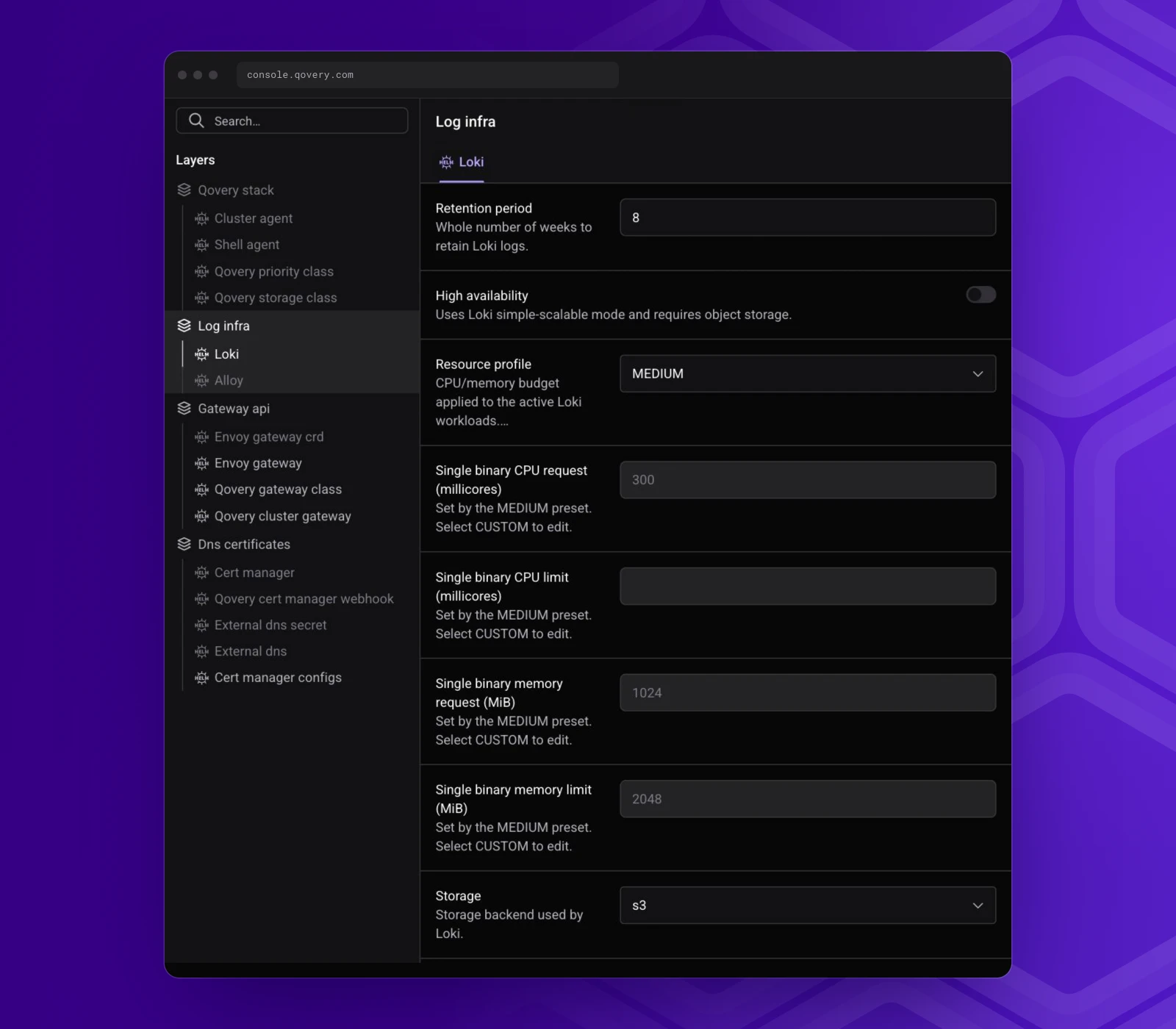 The platform profile lists what Qovery installs on your cluster