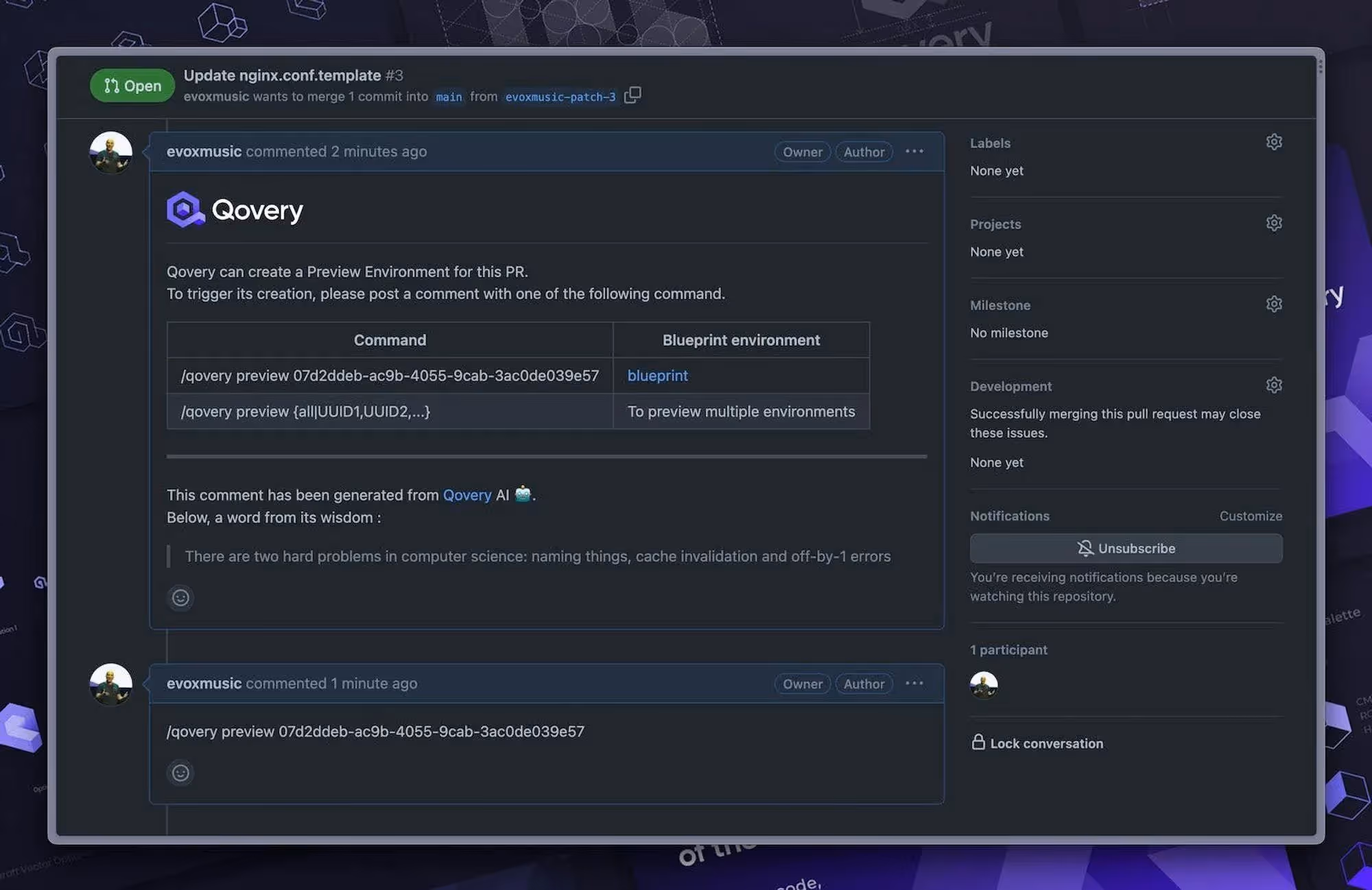 "Create on Demand" right from GitHub Pull Request - We can manually trigger the deployment with /qovery command