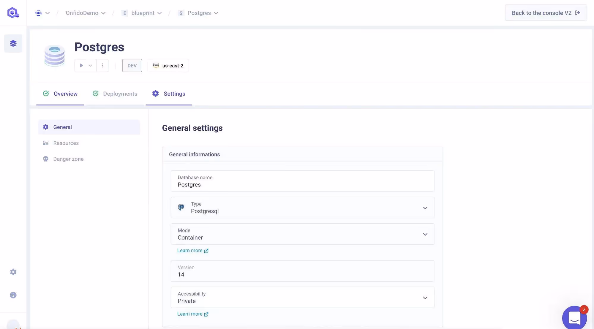 Database Settings Panel on the V3