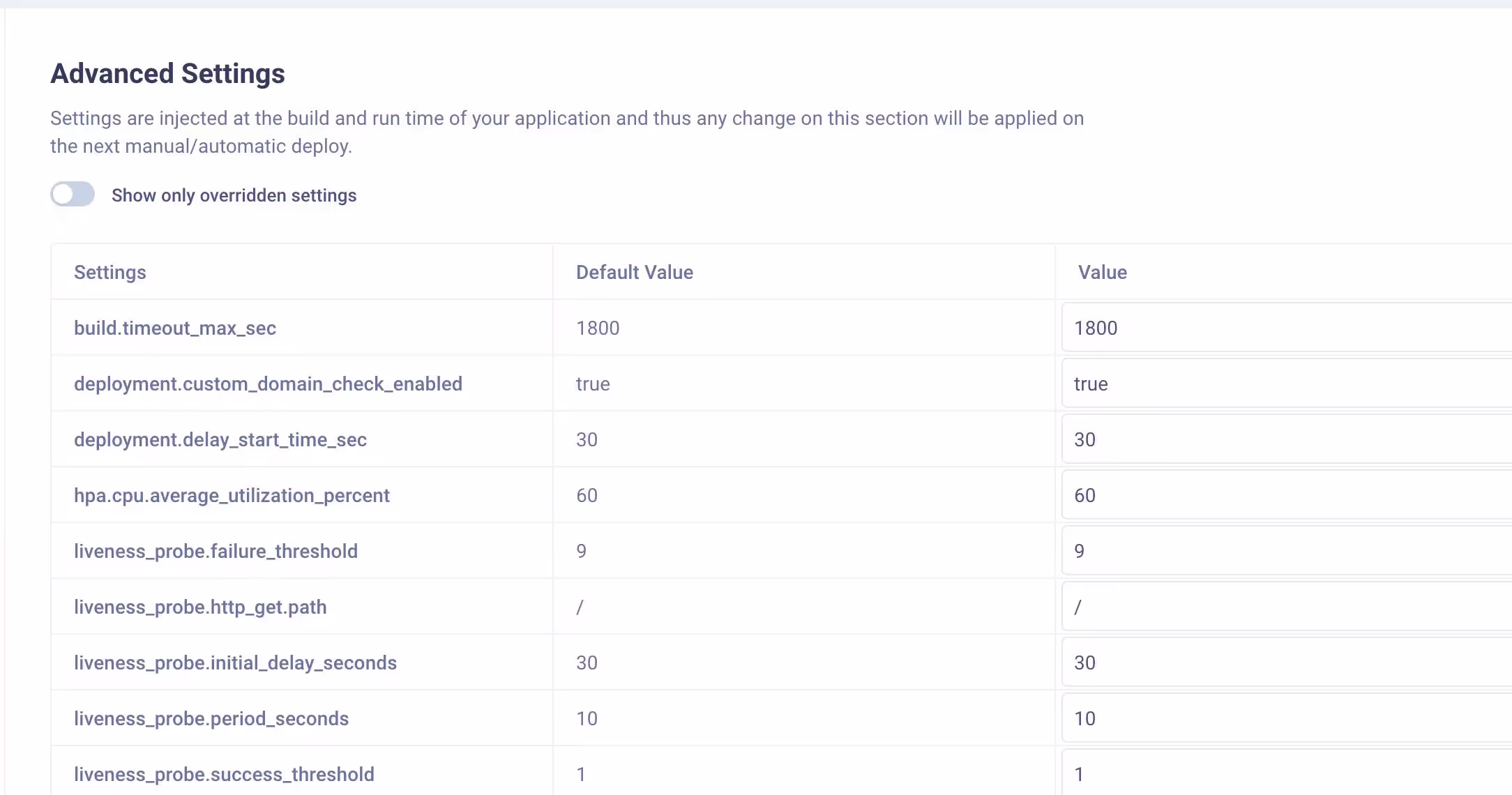 A Part of the Advanced Settings Panel 