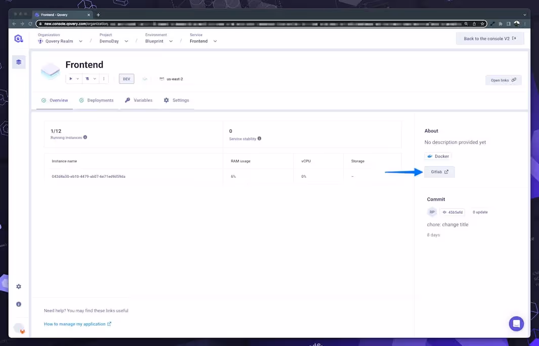 Qovery interface - click on "Gitlab" button to open Gitlab repository