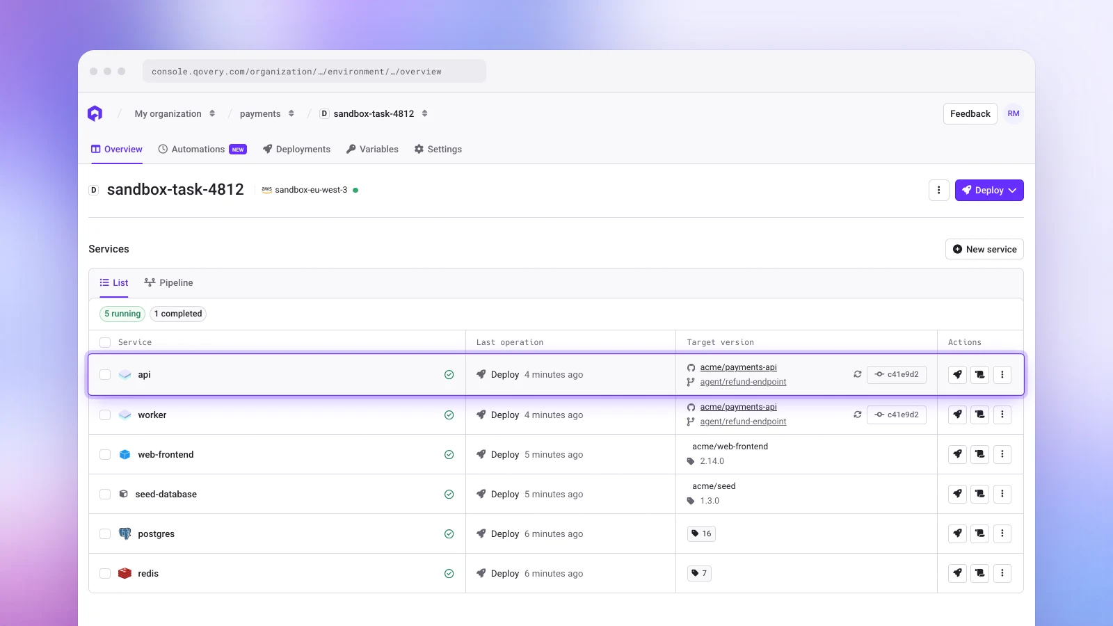 A sandbox environment in the Qovery Console: the API and worker deployed from the agent's branch, a frontend, a seed job, PostgreSQL and Redis, all running for one agent task