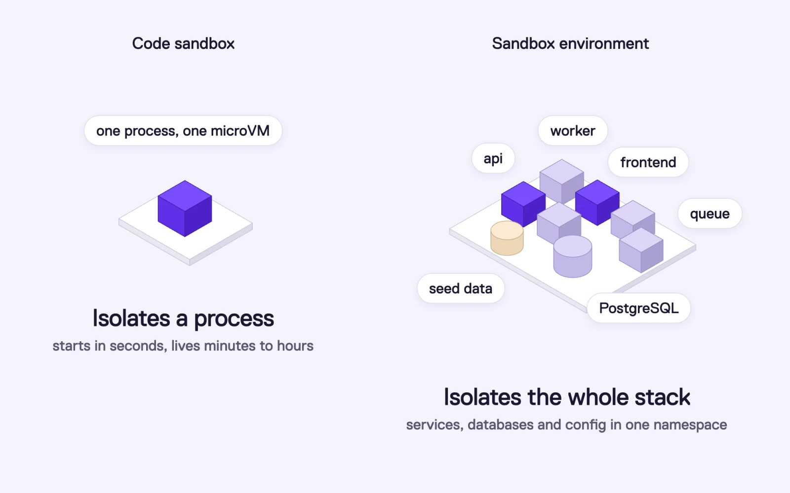A code sandbox isolates one process in one microVM. A sandbox environment isolates the whole stack: api, worker, frontend, queue, PostgreSQL and seed data in one namespace