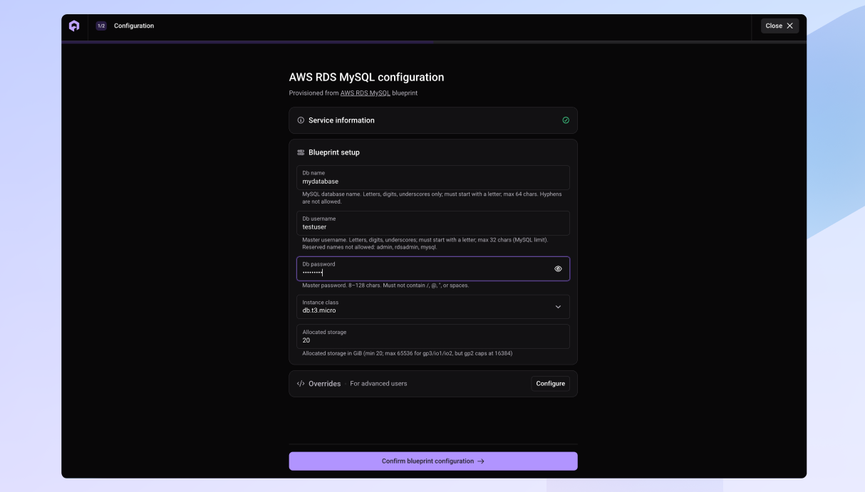 Filling in the required fields for an AWS RDS MySQL Blueprint in Qovery