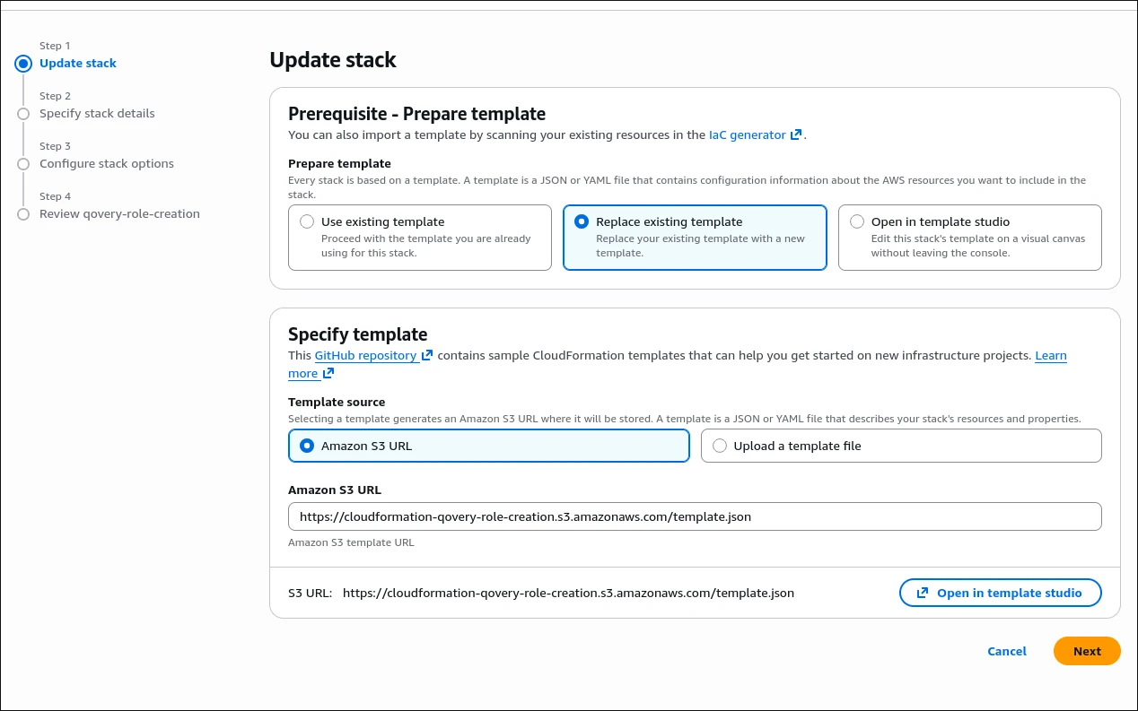 The Update stack screen of the AWS CloudFormation Console for qovery-role-creation: Replace existing template is selected, with Amazon S3 URL as the template source set to https://cloudformation-qovery-role-creation.s3.amazonaws.com/template.json