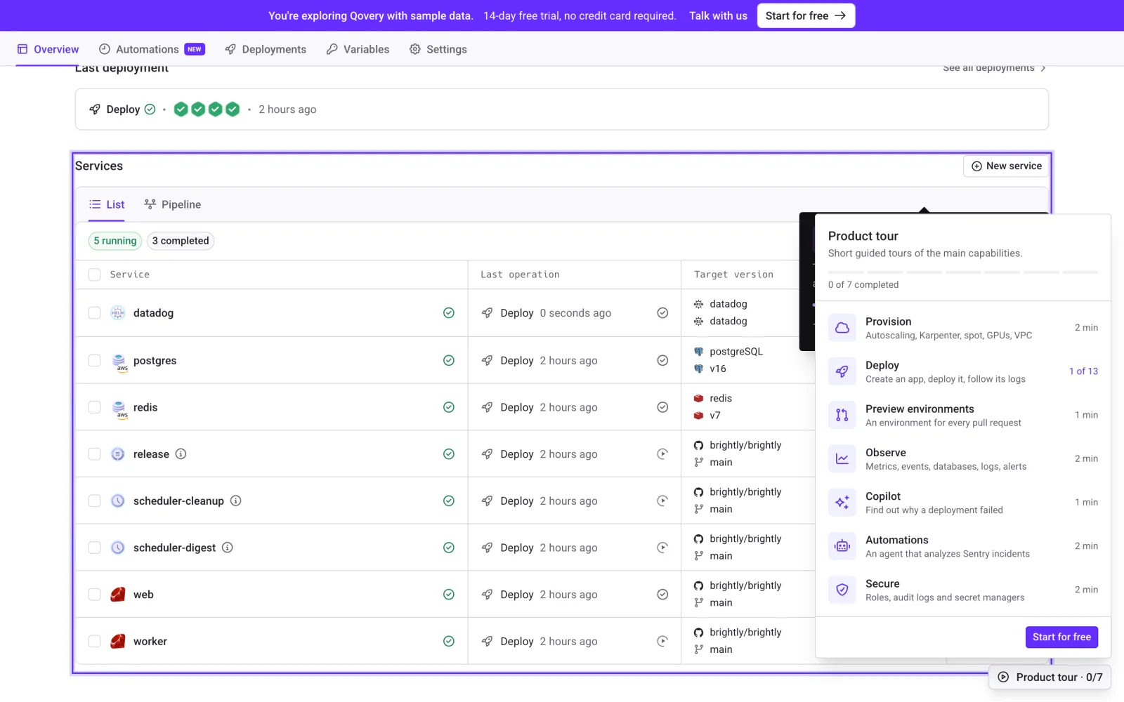 The product tour menu in the Console demo: seven short tours of the main capabilities, on a sample production environment.