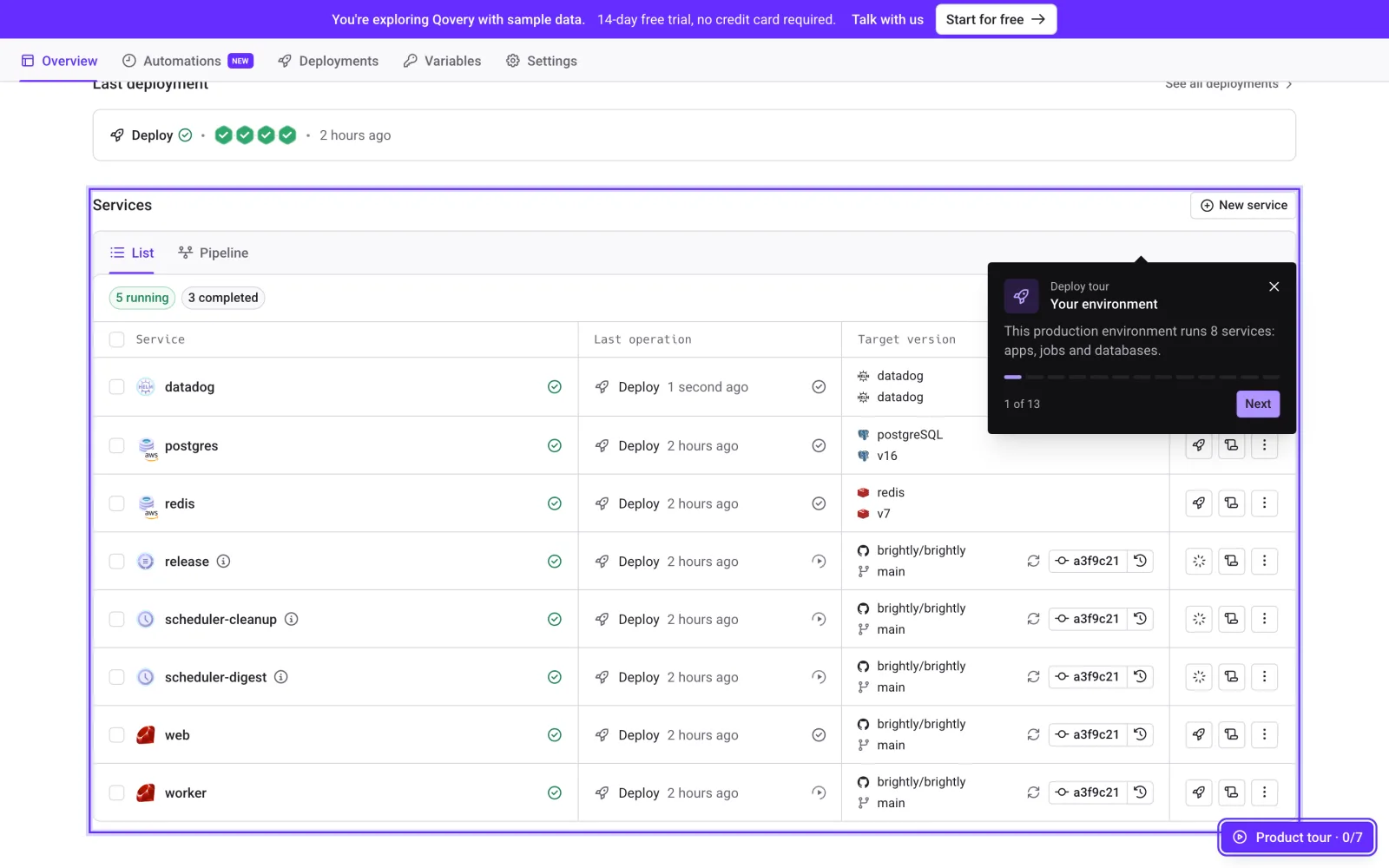 The first step of the Deploy tour, on a sample production environment with apps, jobs and databases.