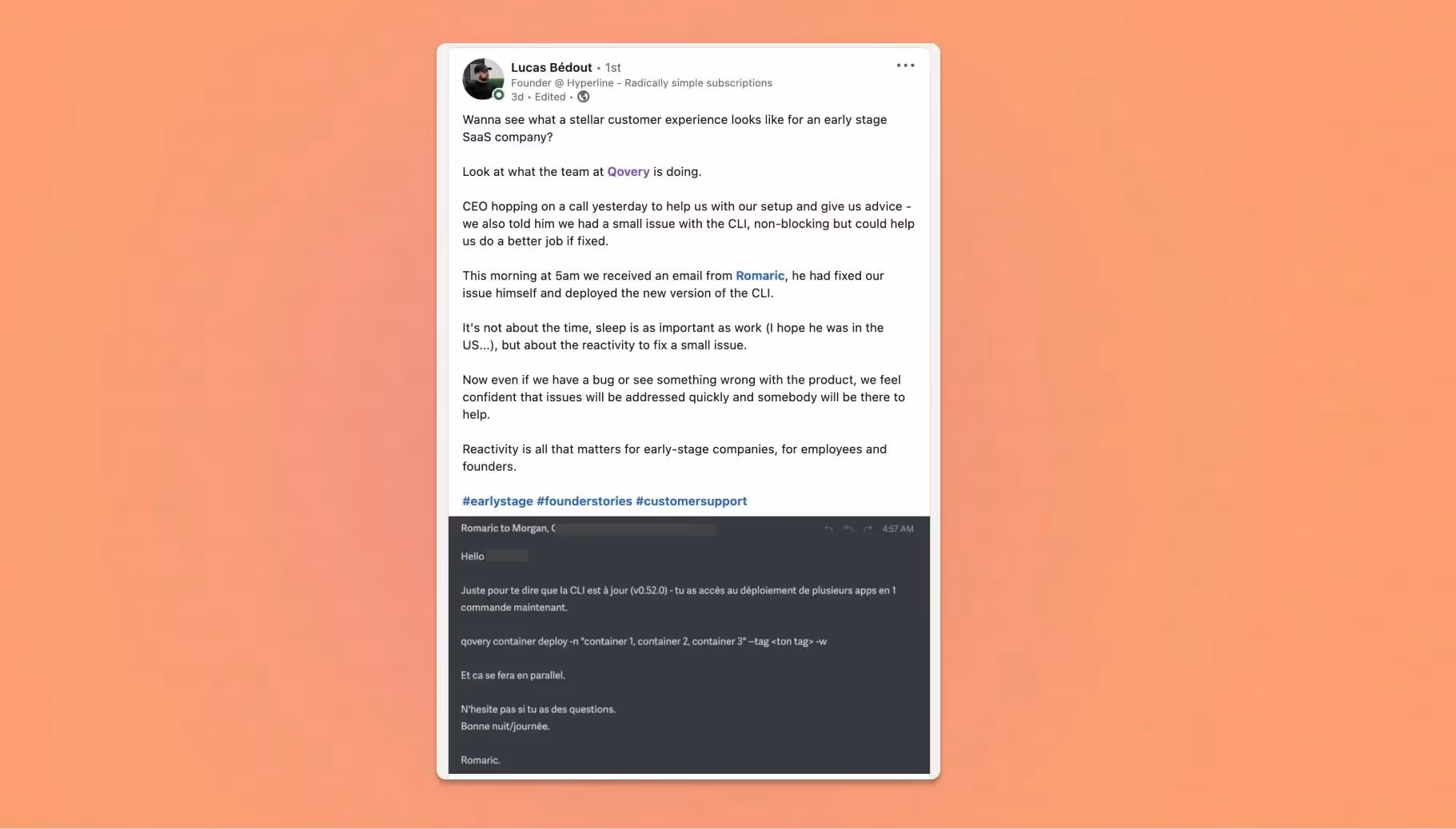Linkedin post from one of our customers (CTO @ Hyperline) about our support and continuous improvements