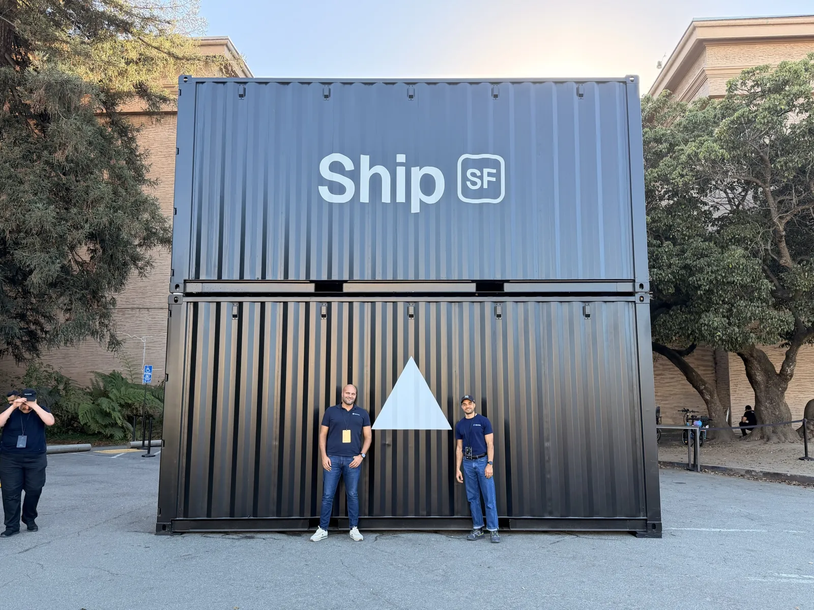Romaric Philogene and Morgan Perry, Qovery co-founders, at Vercel Ship SF, Palace of Fine Arts, San Francisco