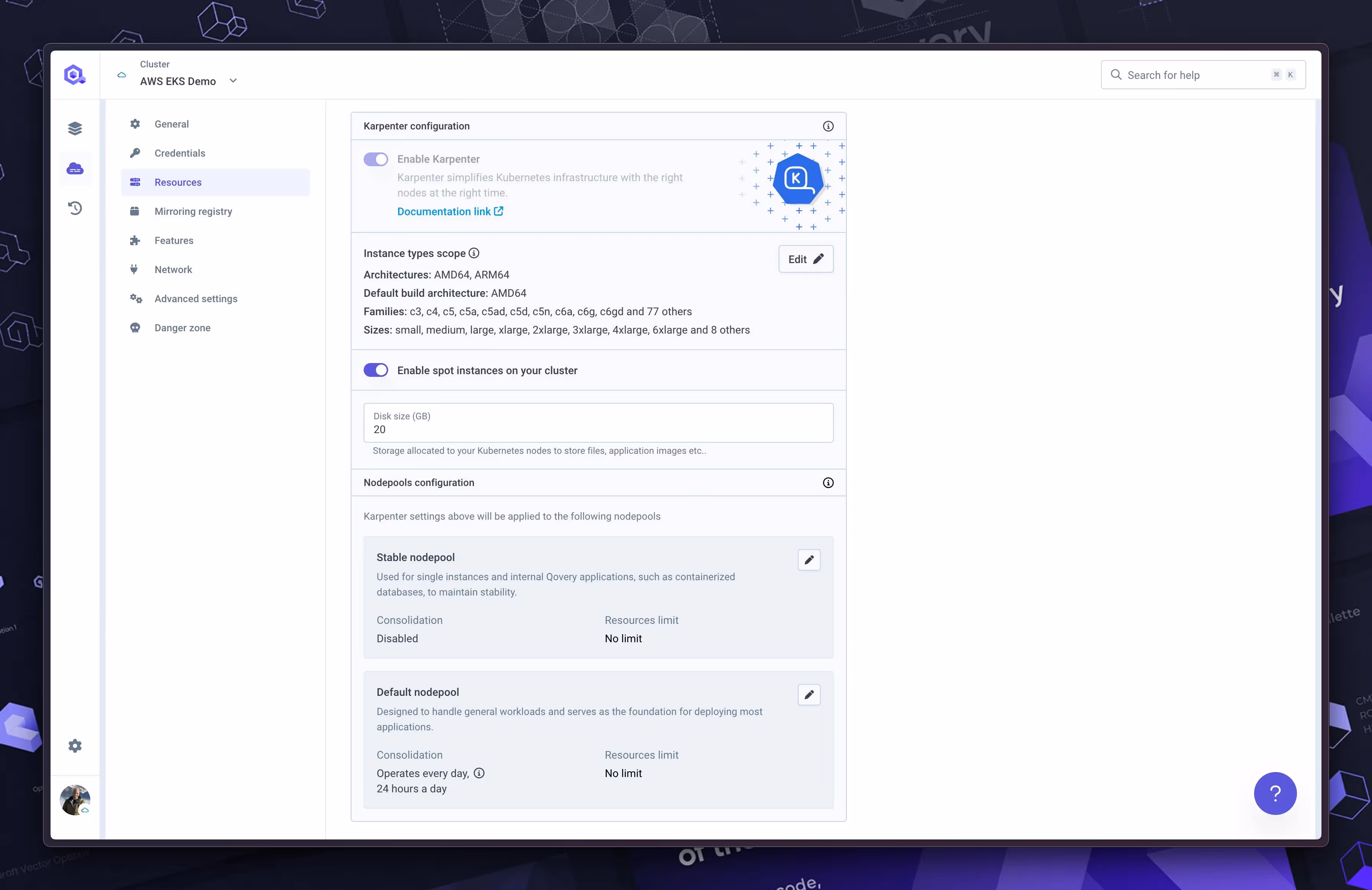 Karpenter configuration via Qovery web interface