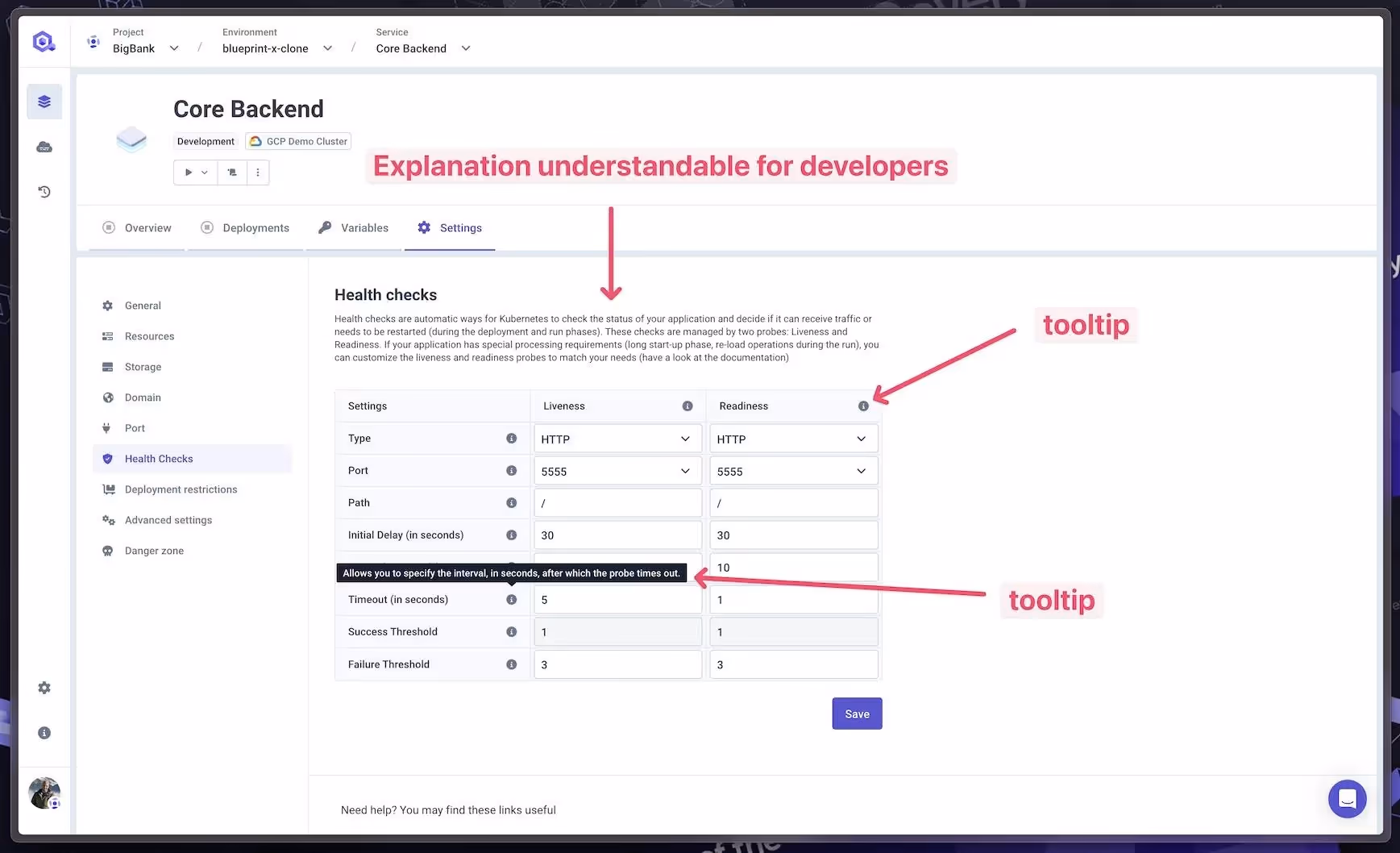 Here is an example of sharing information to the developer in an understandable way - Qovery