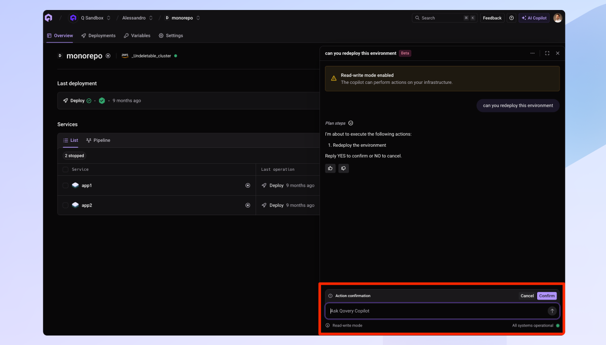 AI Copilot write action confirmation