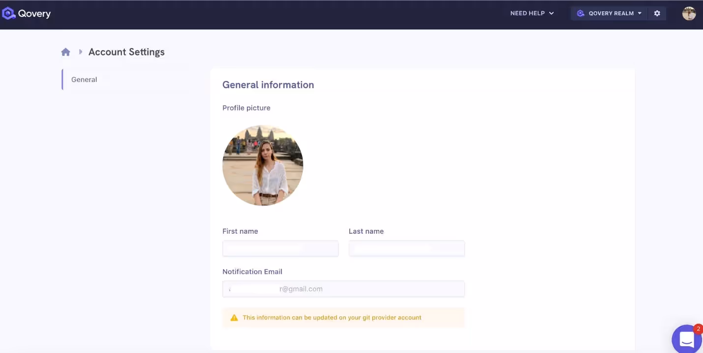 User informations in the account settings