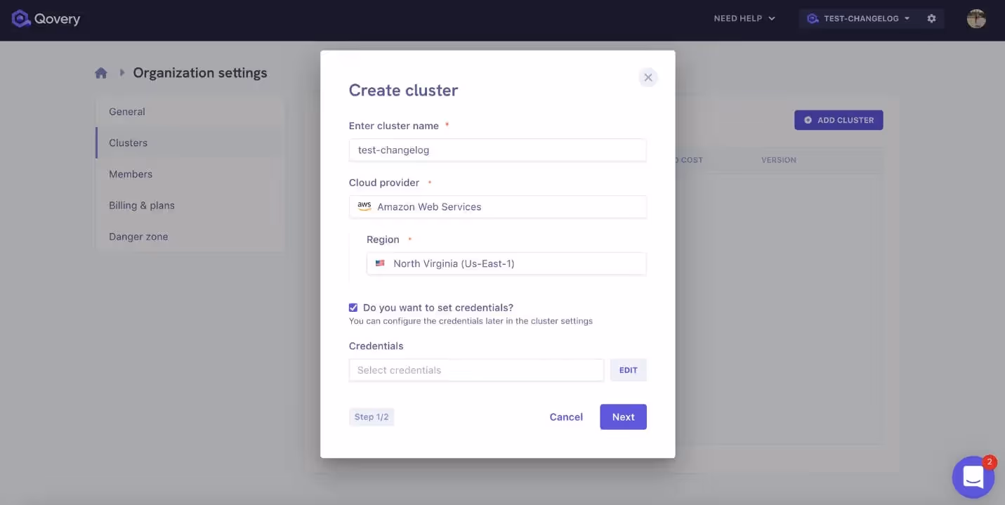 Panel to add credentials during the cluster creation