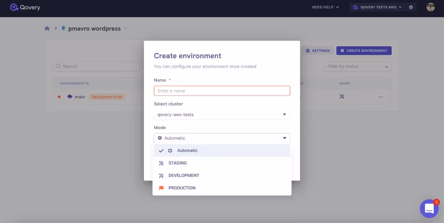 Panel to specify the environment mode in the Qovery console