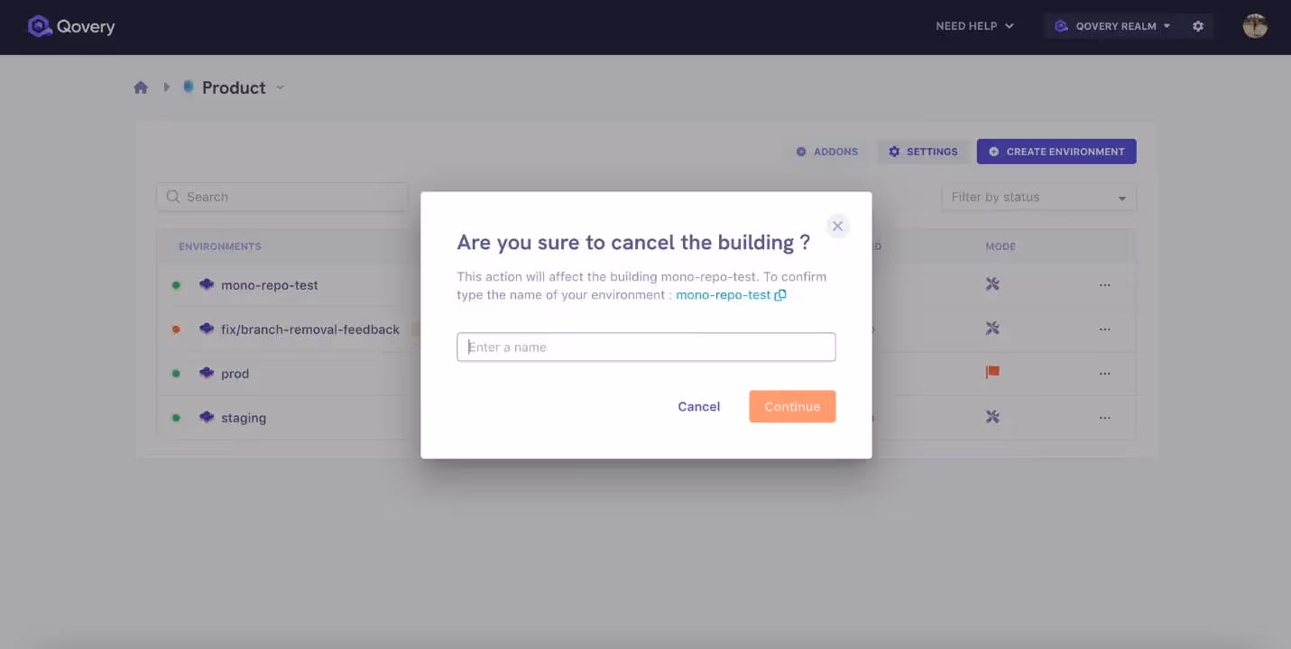 Cancel an environment building panel