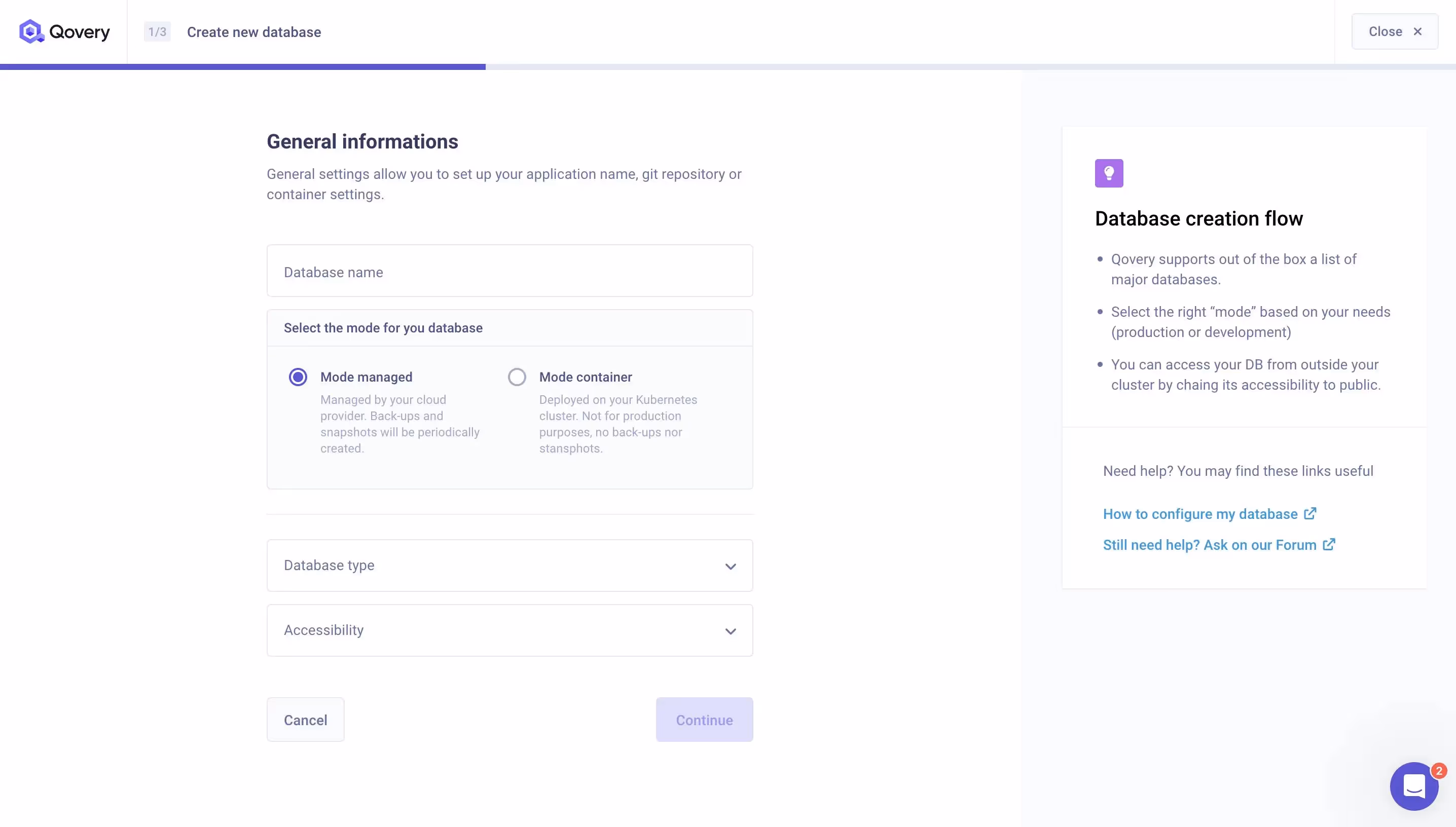 Database Creation Panel in the V3