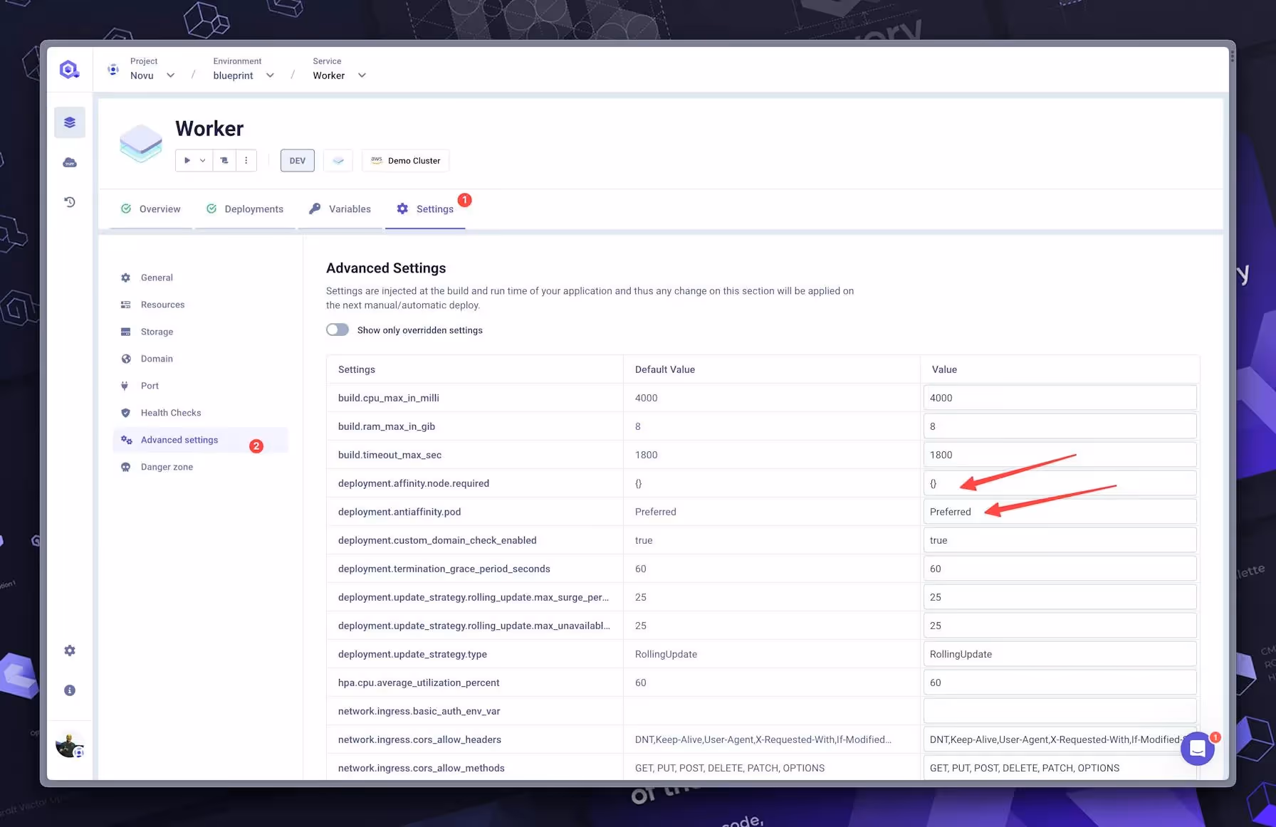 Pod Anti-Affinity and Node Affinity configuration from the Service Advanced Settings