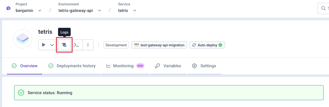 Service logs panel