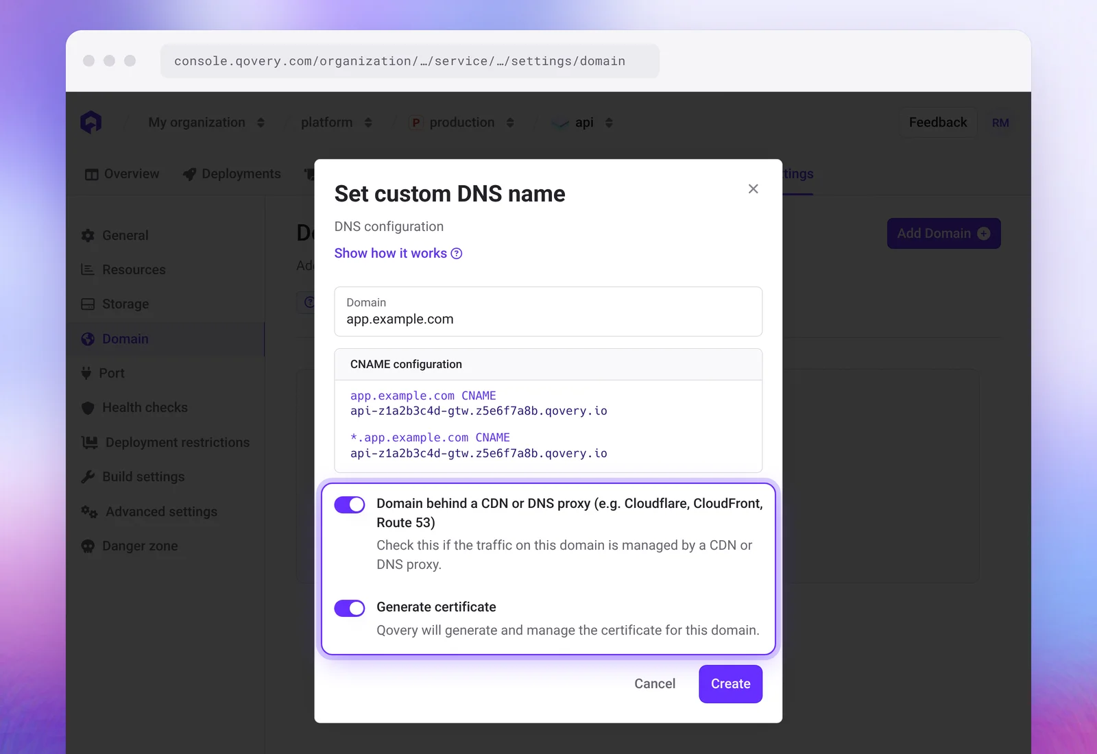 Qovery custom domain modal with the Domain behind a CDN or DNS proxy toggle and the Generate certificate toggle both enabled
