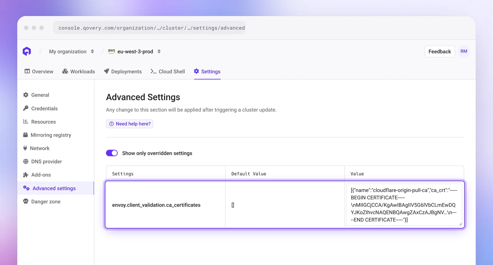 Qovery cluster advanced settings with envoy.client_validation.ca_certificates holding a CA certificate for Cloudflare authenticated origin pulls