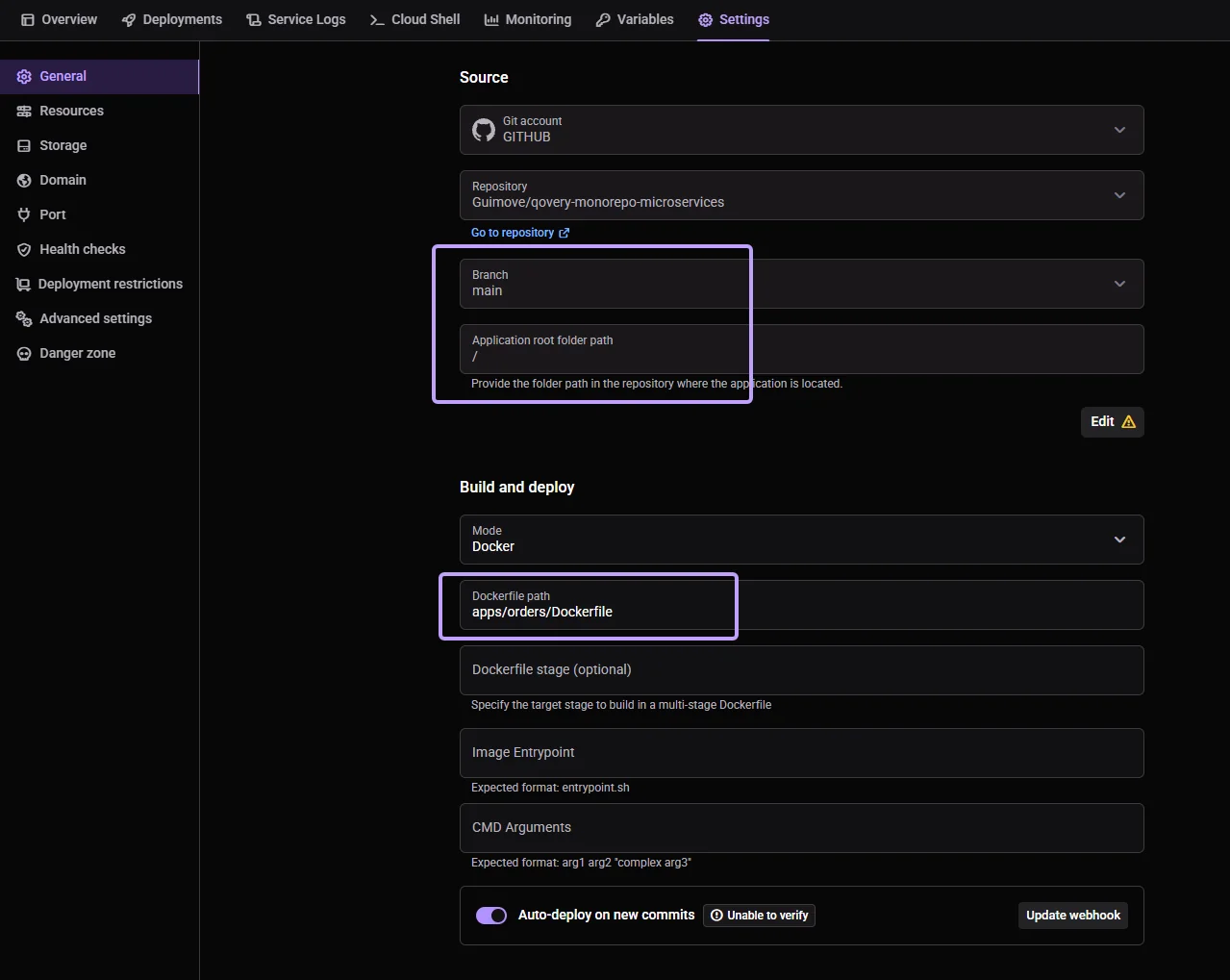 Qovery console General settings for the orders application, showing Application root folder path set to "/" and Dockerfile path set to "apps/orders/Dockerfile"