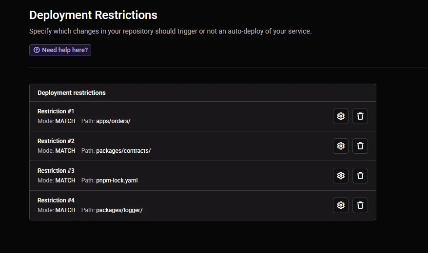 Qovery console Deployment Restrictions screen for the orders application, listing four MATCH restrictions: apps/orders/, packages/contracts/, pnpm-lock.yaml, and packages/logger/