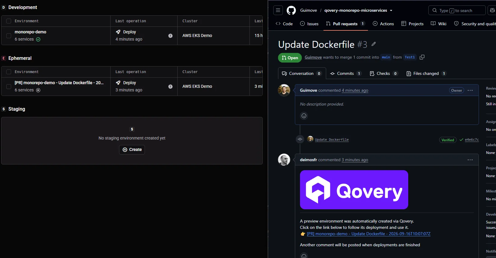A GitHub pull request with a Qovery bot comment announcing an automatically created preview environment and a link to follow its deployment