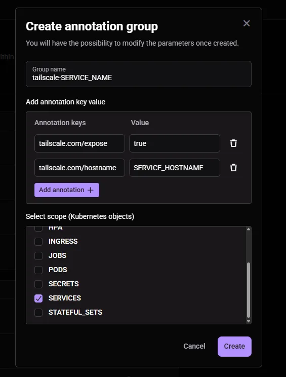 The Qovery Create annotation group dialog with the tailscale.com/expose and tailscale.com/hostname keys filled in and only the SERVICES scope checked