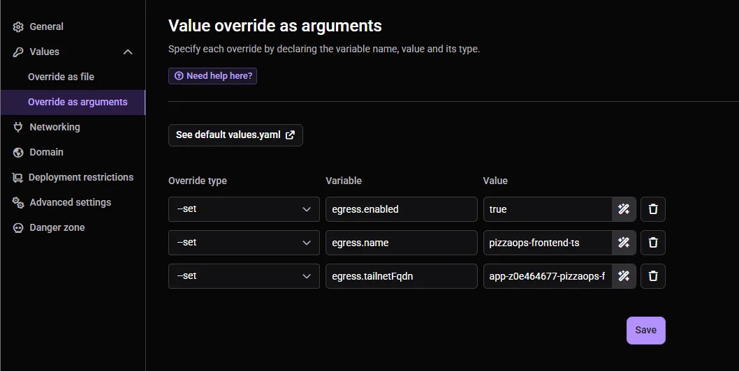 The Qovery Value override as arguments screen for the second Helm service, setting egress.enabled, egress.name and egress.tailnetFqdn