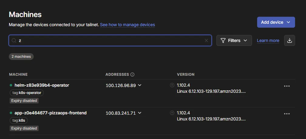 The Tailscale Machines screen listing two machines: the operator tagged tag:k8s-operator and the exposed frontend proxy tagged tag:k8s