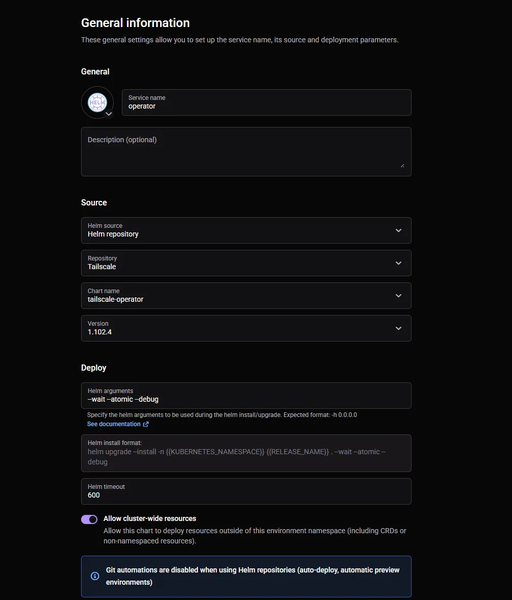 The Qovery Helm service General information screen, with Helm source set to Helm repository, chart name tailscale-operator, a pinned version, and the Allow cluster-wide resources toggle enabled