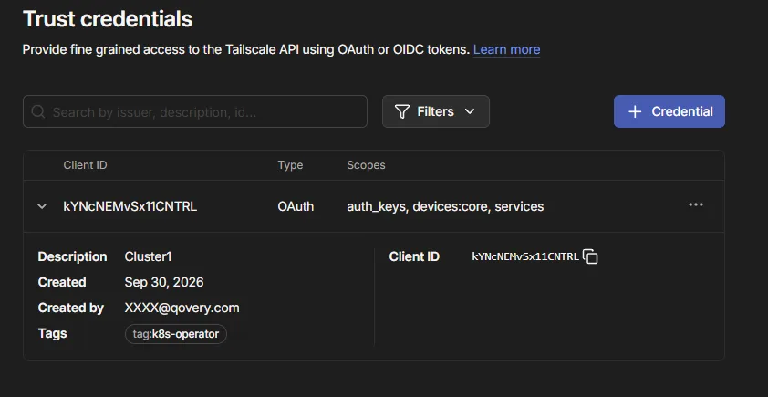 The Tailscale Trust credentials screen showing one OAuth credential with the auth_keys, devices:core and services scopes and the tag:k8s-operator tag