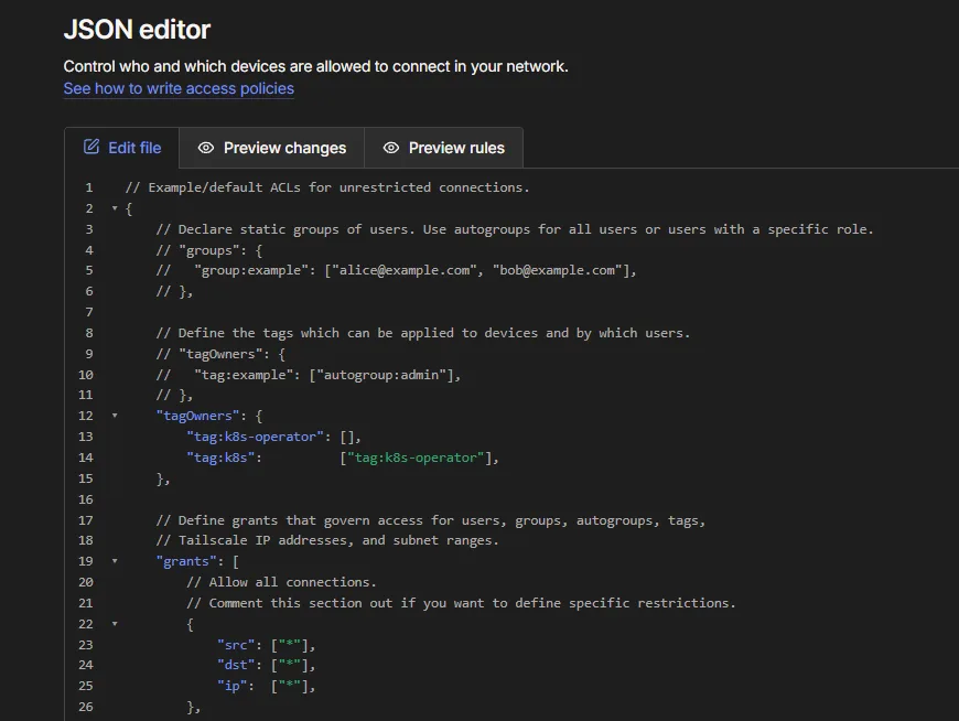 The Tailscale JSON policy editor showing the tagOwners block with tag:k8s-operator set to an empty list and tag:k8s owned by tag:k8s-operator